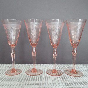 Vintage Crystal Pink Beveled Etched Wine Glasses Set of 4 - 7" Tall